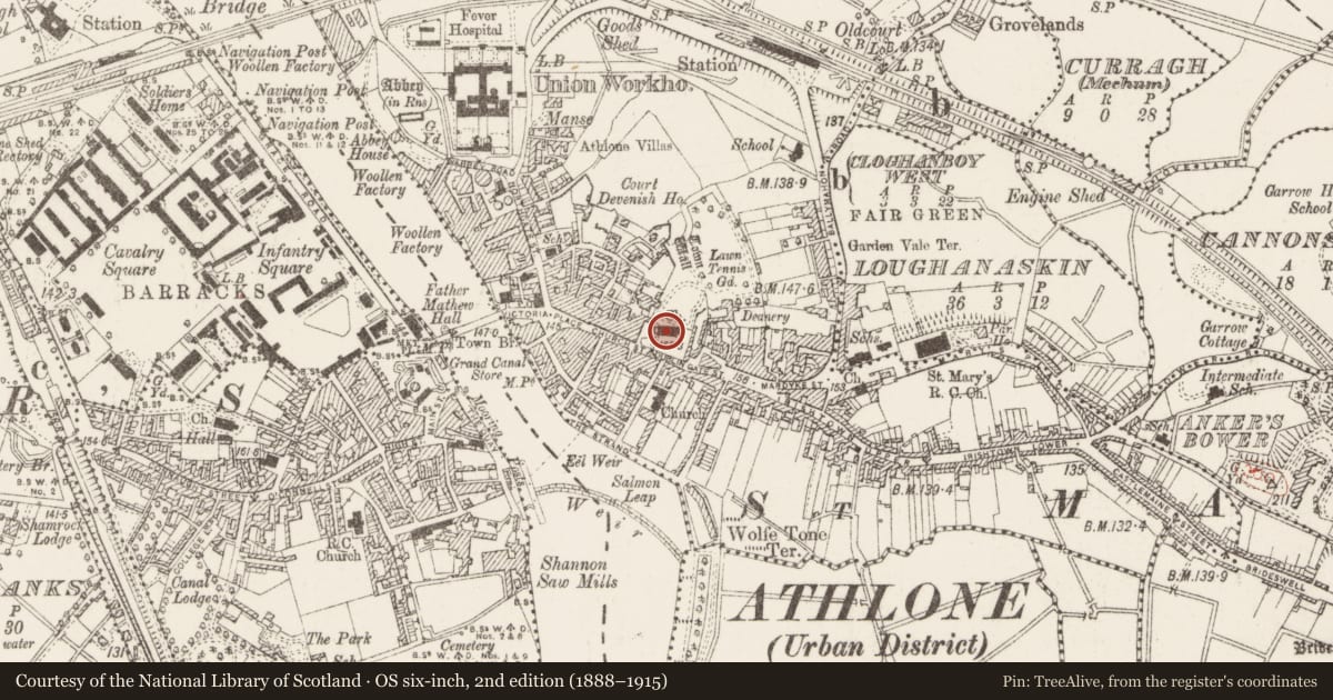 Ordnance Survey six-inch map, 2nd edition (1888–1915) covering the location of Memorial stone, Athlone, County Westmeath, with a pin at the register's coordinates