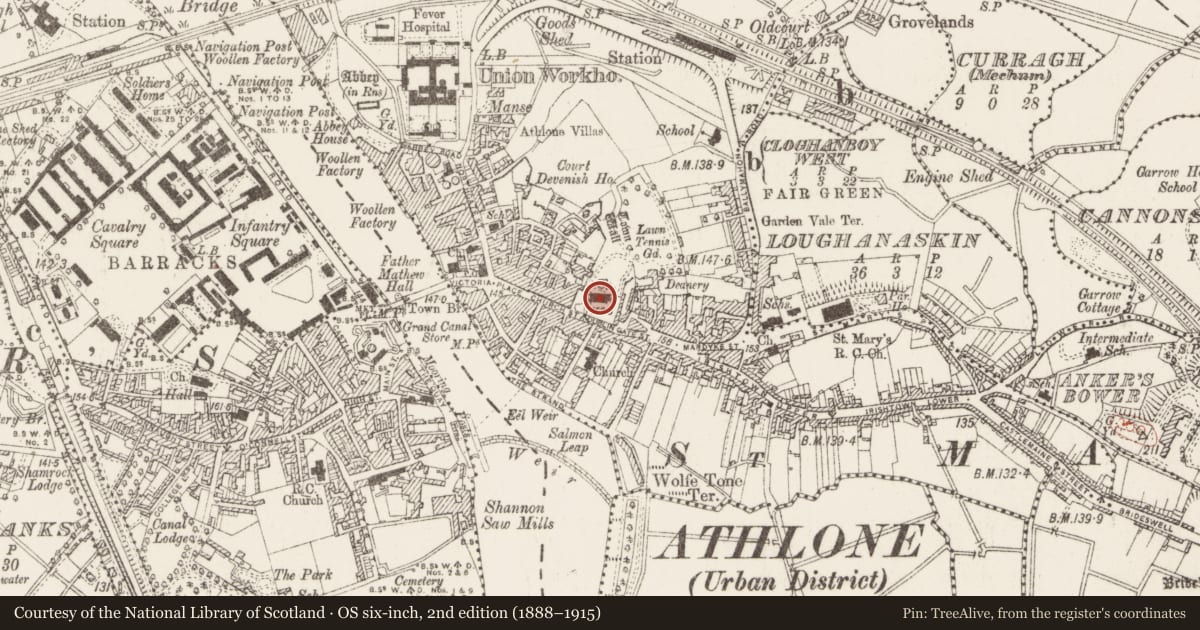 Ordnance Survey six-inch map, 2nd edition (1888–1915) covering the location of Memorial stone, Athlone, County Westmeath, with a pin at the register's coordinates