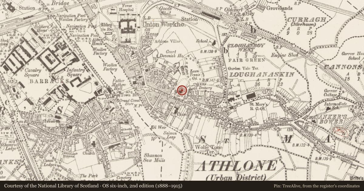 Ordnance Survey six-inch map, 2nd edition (1888–1915) covering the location of Wall monument, Athlone, County Westmeath, with a pin at the register's coordinates