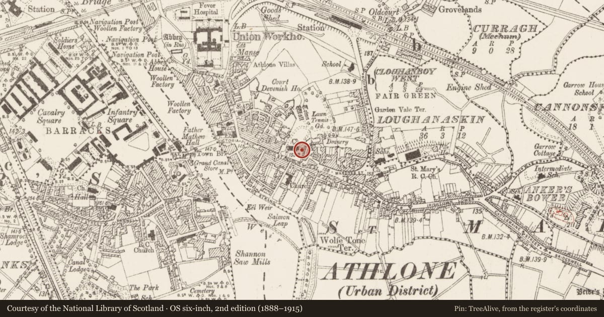 Ordnance Survey six-inch map, 2nd edition (1888–1915) covering the location of Graveslab, Athlone, County Westmeath, with a pin at the register's coordinates