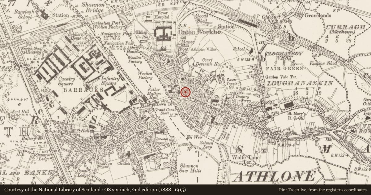 Ordnance Survey six-inch map, 2nd edition (1888–1915) covering the location of House - 17th century, Athlone, County Westmeath, with a pin at the register's coordinates