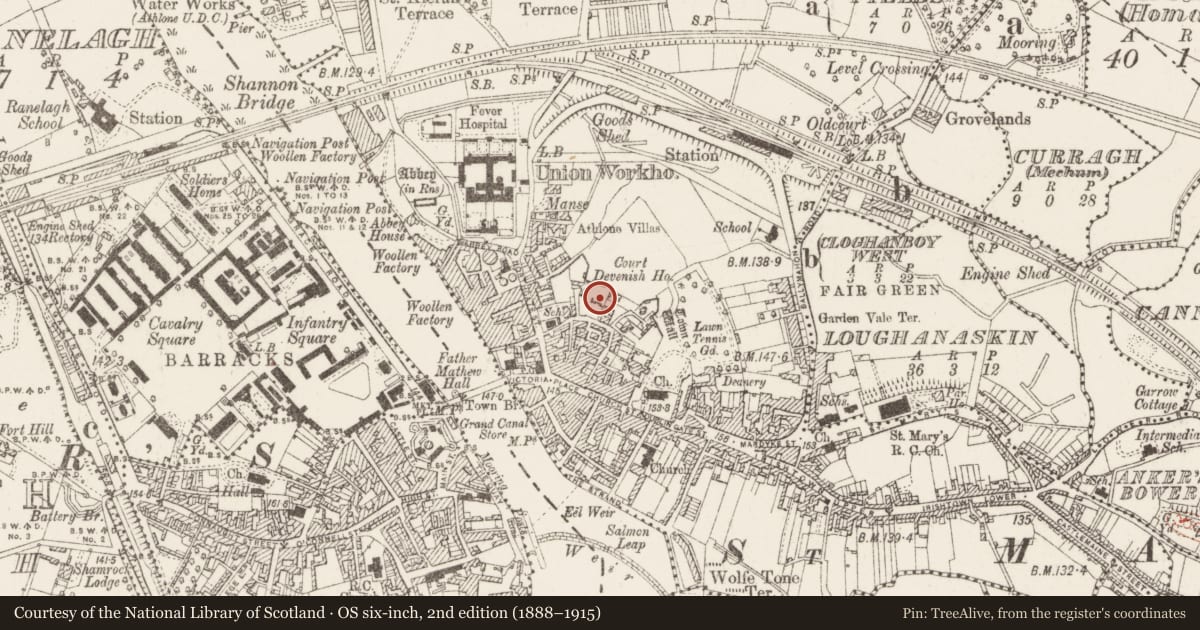 Ordnance Survey six-inch map, 2nd edition (1888–1915) covering the location of House - 17th century, Athlone, County Westmeath, with a pin at the register's coordinates