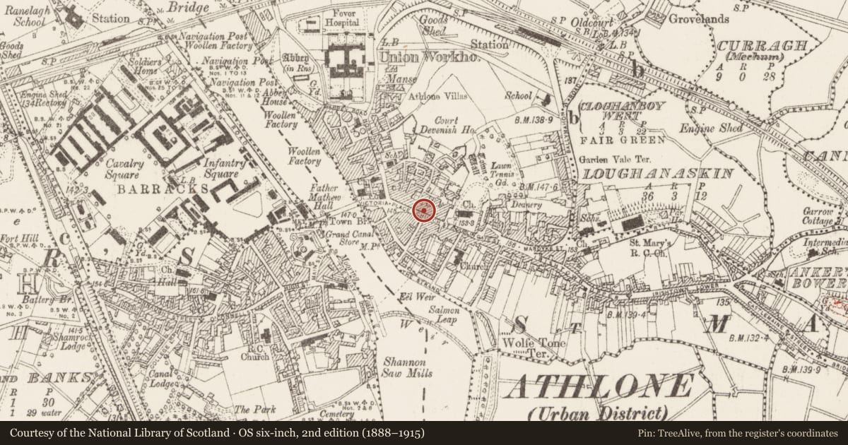 Ordnance Survey six-inch map, 2nd edition (1888–1915) covering the location of Armorial plaque (present location), Athlone, County Westmeath, with a pin at the register's coordinates