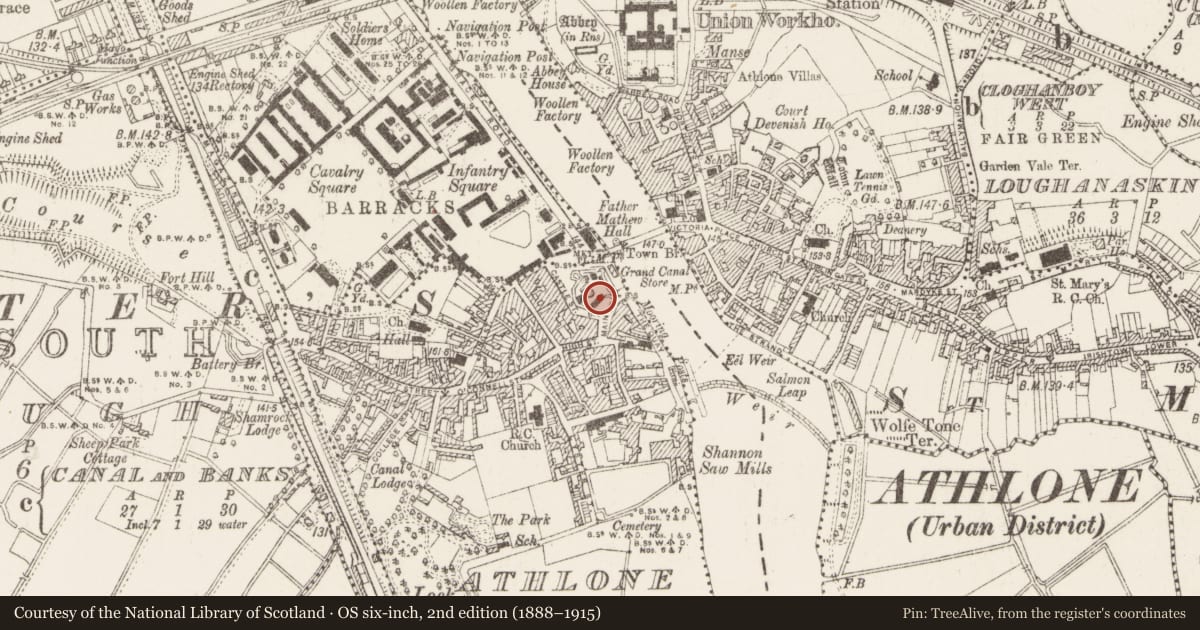 Ordnance Survey six-inch map, 2nd edition (1888–1915) covering the location of Armorial plaque (present location), Athlone And Bigmeadow, County Westmeath, with a pin at the register's coordinates
