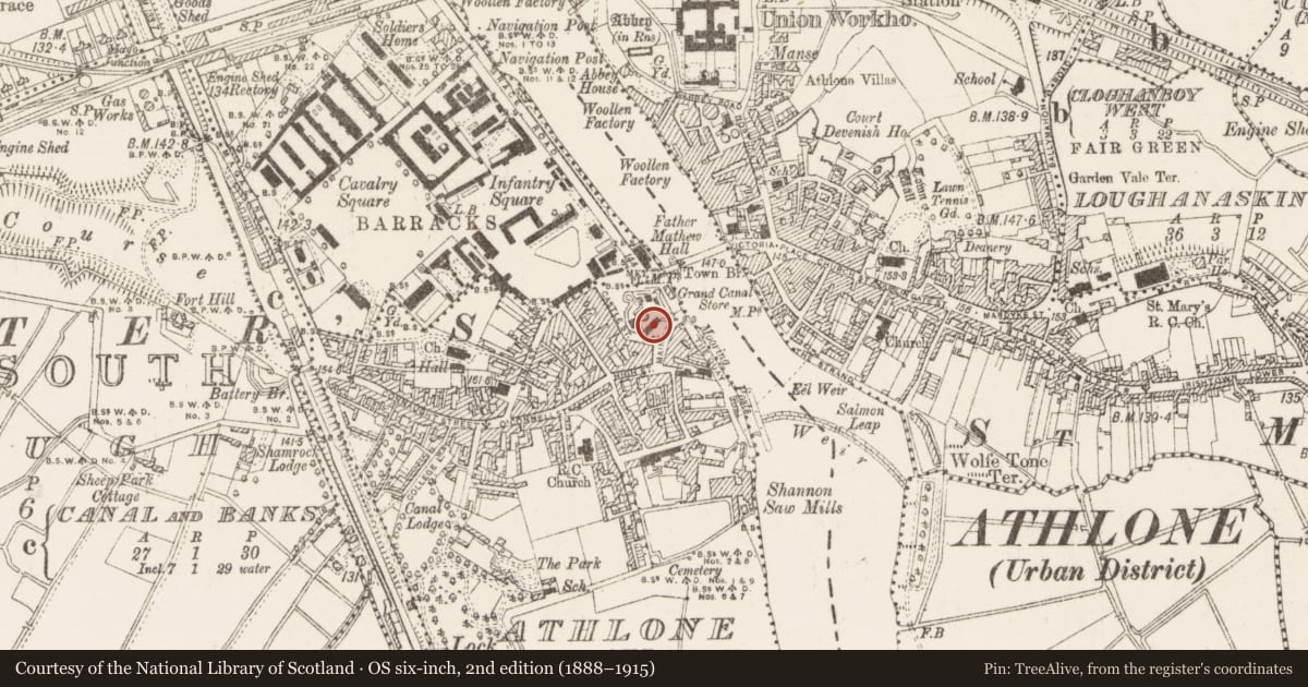 Ordnance Survey six-inch map, 2nd edition (1888–1915) covering the location of Armorial plaque (present location), Athlone And Bigmeadow, County Westmeath, with a pin at the register's coordinates