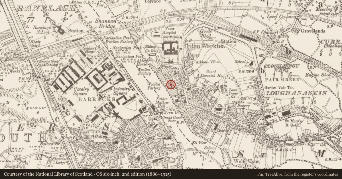 Ordnance Survey six-inch map, 2nd edition (1888–1915) covering the location of Religious house - Franciscan friars, Athlone, County Westmeath, with a pin at the register's coordinates