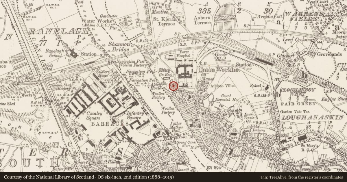 Ordnance Survey six-inch map, 2nd edition (1888–1915) covering the location of Tomb - table tomb, Athlone, County Westmeath, with a pin at the register's coordinates