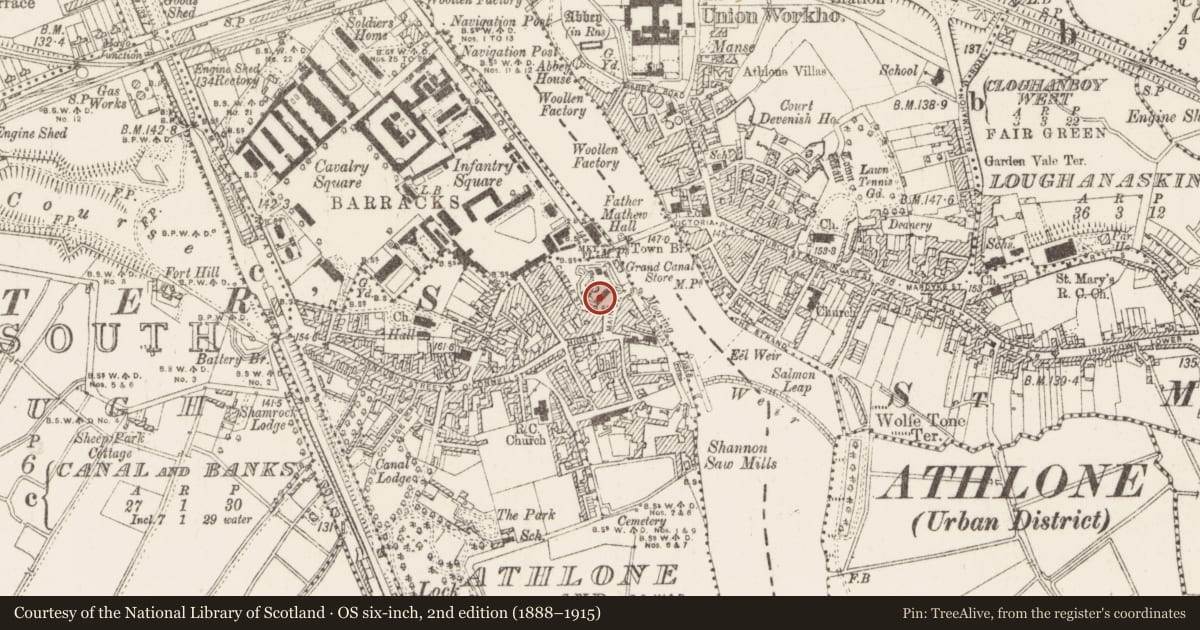 Ordnance Survey six-inch map, 2nd edition (1888–1915) covering the location of Stone head (present location), Athlone And Bigmeadow, County Westmeath, with a pin at the register's coordinates