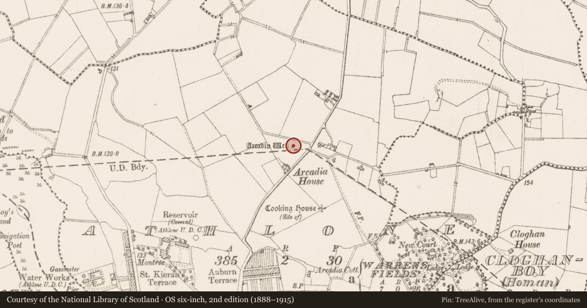 Ordnance Survey six-inch map, 2nd edition (1888–1915) covering the location of Well, Athlone, County Westmeath, with a pin at the register's coordinates
