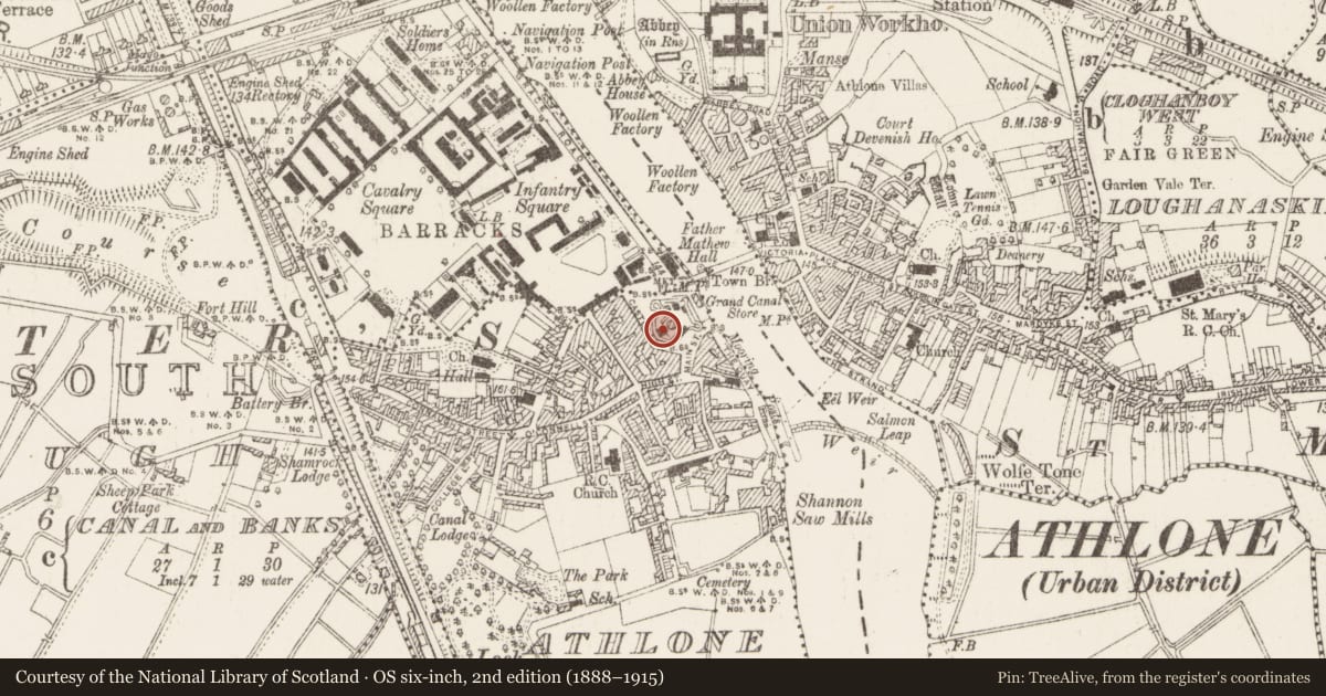 Ordnance Survey six-inch map, 2nd edition (1888–1915) covering the location of Cross - Wayside cross, Athlone, Athlone And Bigmeadow, County Westmeath, with a pin at the register's coordinates