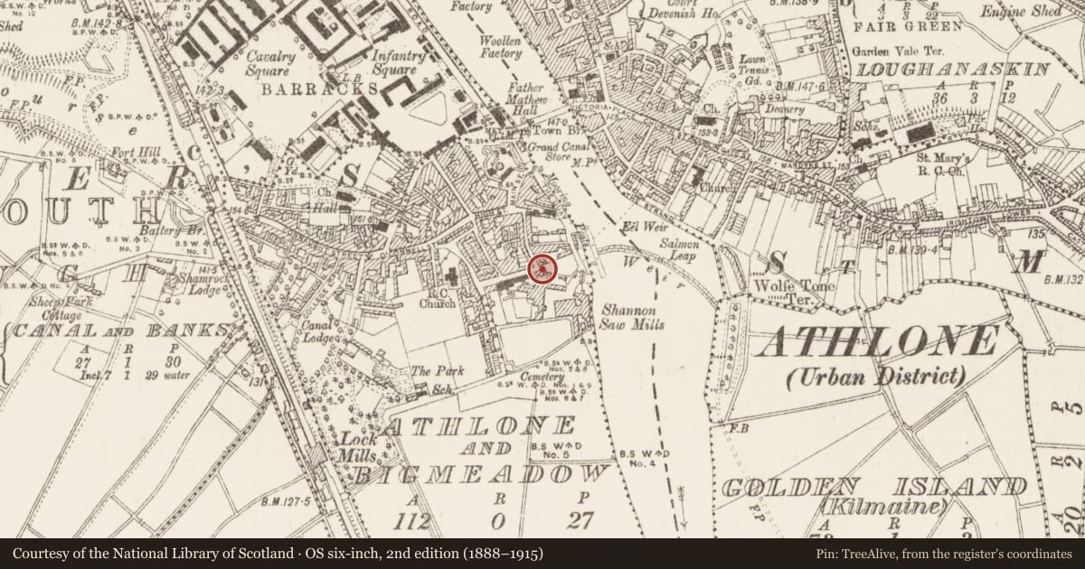 Ordnance Survey six-inch map, 2nd edition (1888–1915) covering the location of Castle - unclassified, Athlone, County Westmeath, with a pin at the register's coordinates