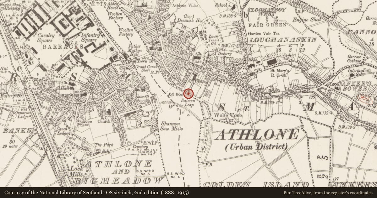 Ordnance Survey six-inch map, 2nd edition (1888–1915) covering the location of Fortification, Athlone, County Westmeath, with a pin at the register's coordinates