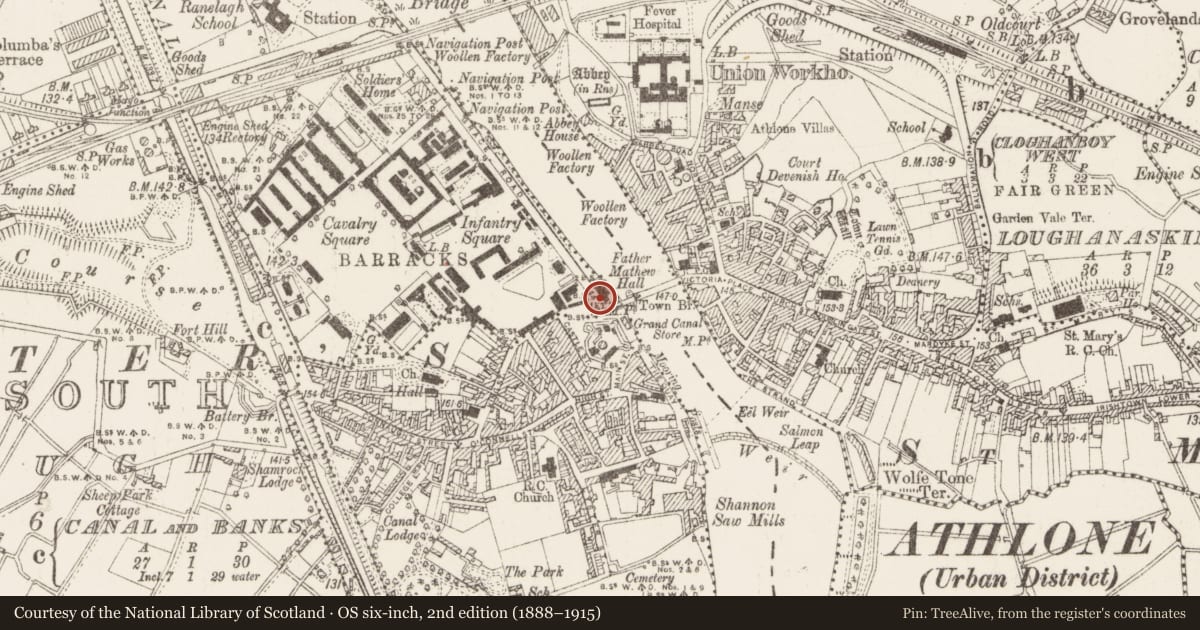 Ordnance Survey six-inch map, 2nd edition (1888–1915) covering the location of Castle - unclassified, Athlone And Bigmeadow, County Westmeath, with a pin at the register's coordinates