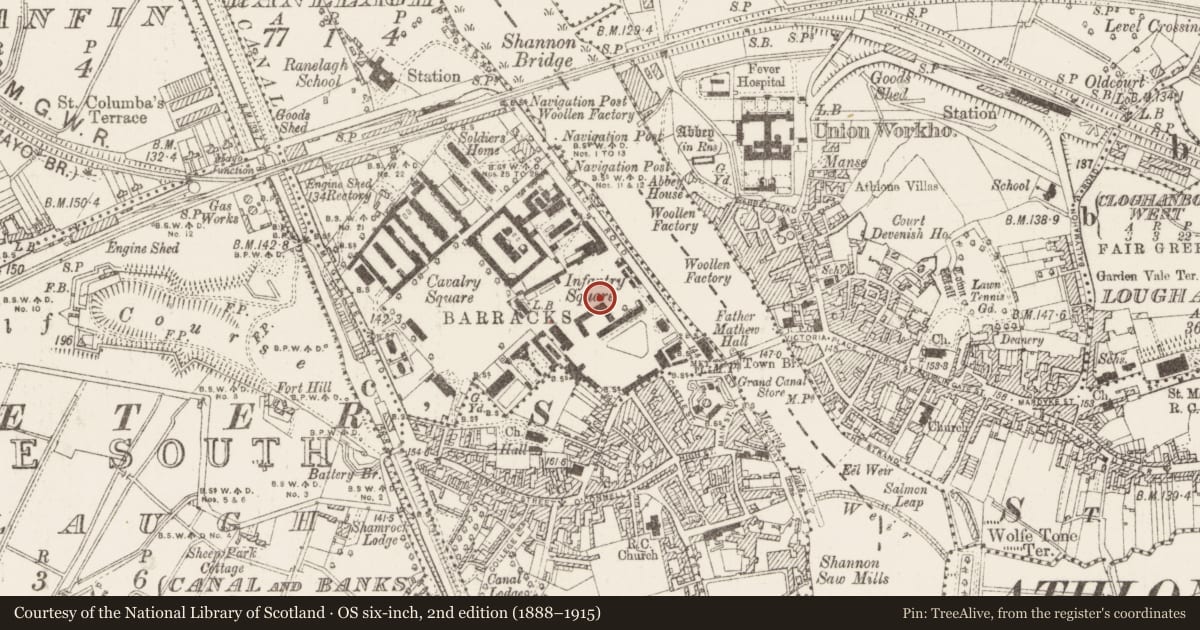 Ordnance Survey six-inch map, 2nd edition (1888–1915) covering the location of Barracks, Athlone And Bigmeadow, County Westmeath, with a pin at the register's coordinates
