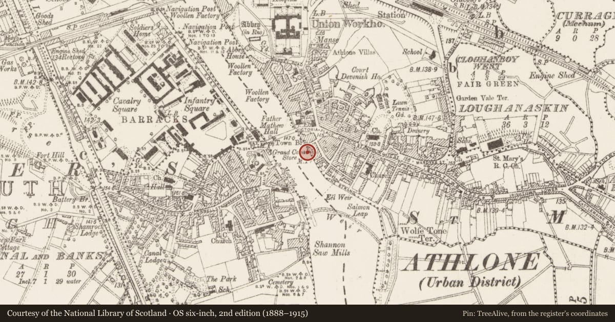 Ordnance Survey six-inch map, 2nd edition (1888–1915) covering the location of Mill - corn, Athlone, County Westmeath, with a pin at the register's coordinates