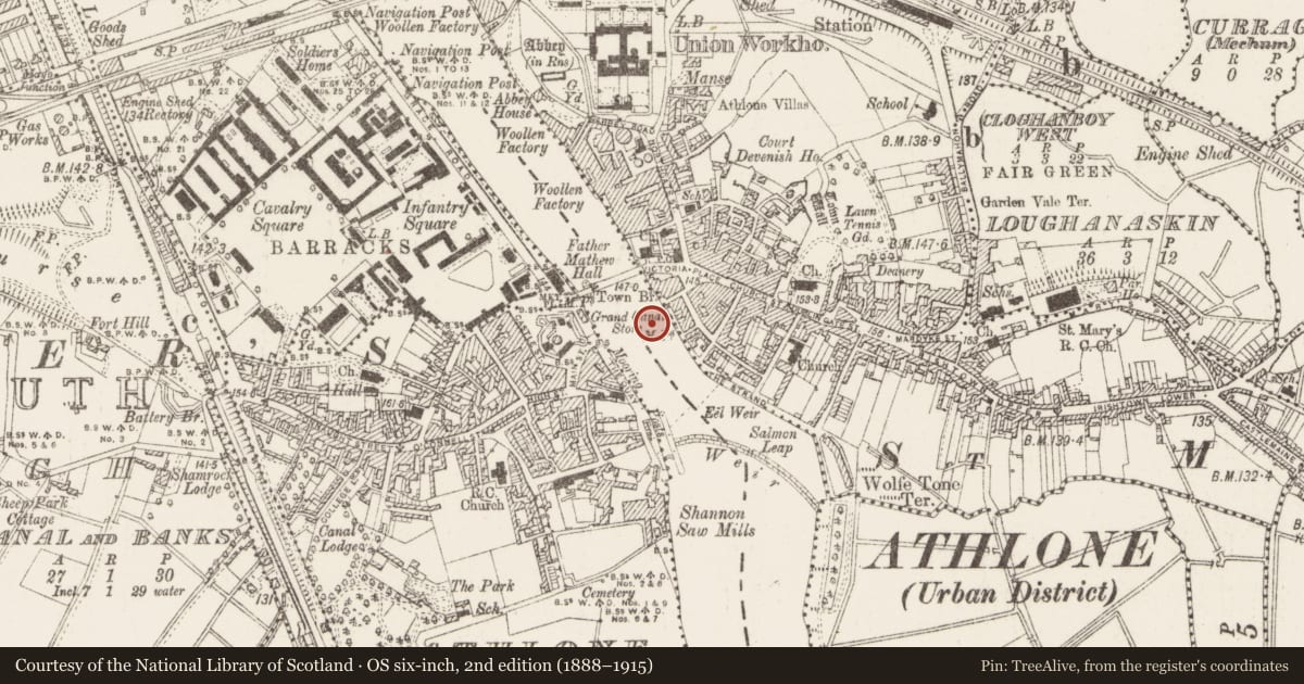 Ordnance Survey six-inch map, 2nd edition (1888–1915) covering the location of Mill - corn, Athlone, Athlone And Bigmeadow, County Westmeath, with a pin at the register's coordinates