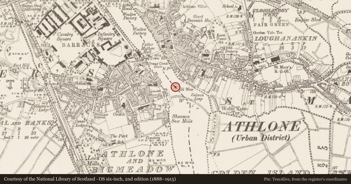Ordnance Survey six-inch map, 2nd edition (1888–1915) covering the location of Weir - fish, Athlone, Athlone And Bigmeadow, County Westmeath, with a pin at the register's coordinates