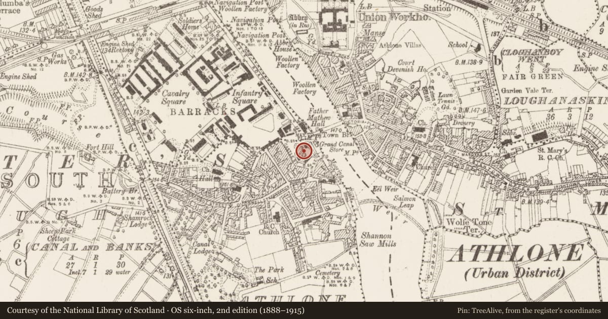 Ordnance Survey six-inch map, 2nd edition (1888–1915) covering the location of Memorial stone, Athlone And Bigmeadow, County Westmeath, with a pin at the register's coordinates