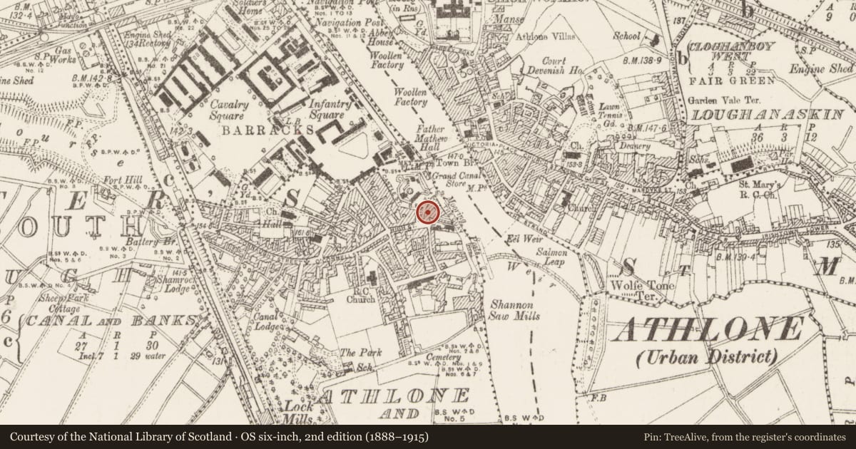 Ordnance Survey six-inch map, 2nd edition (1888–1915) covering the location of Inn, Athlone And Bigmeadow, County Westmeath, with a pin at the register's coordinates