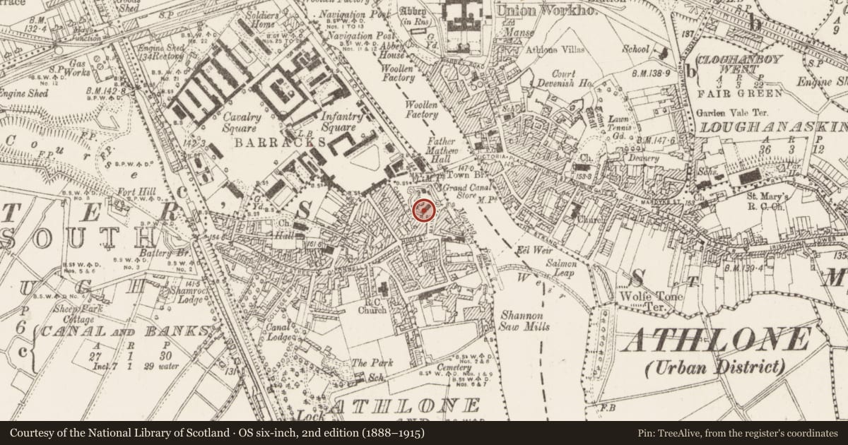 Ordnance Survey six-inch map, 2nd edition (1888–1915) covering the location of Inscribed stone (present location), Athlone And Bigmeadow, County Westmeath, with a pin at the register's coordinates