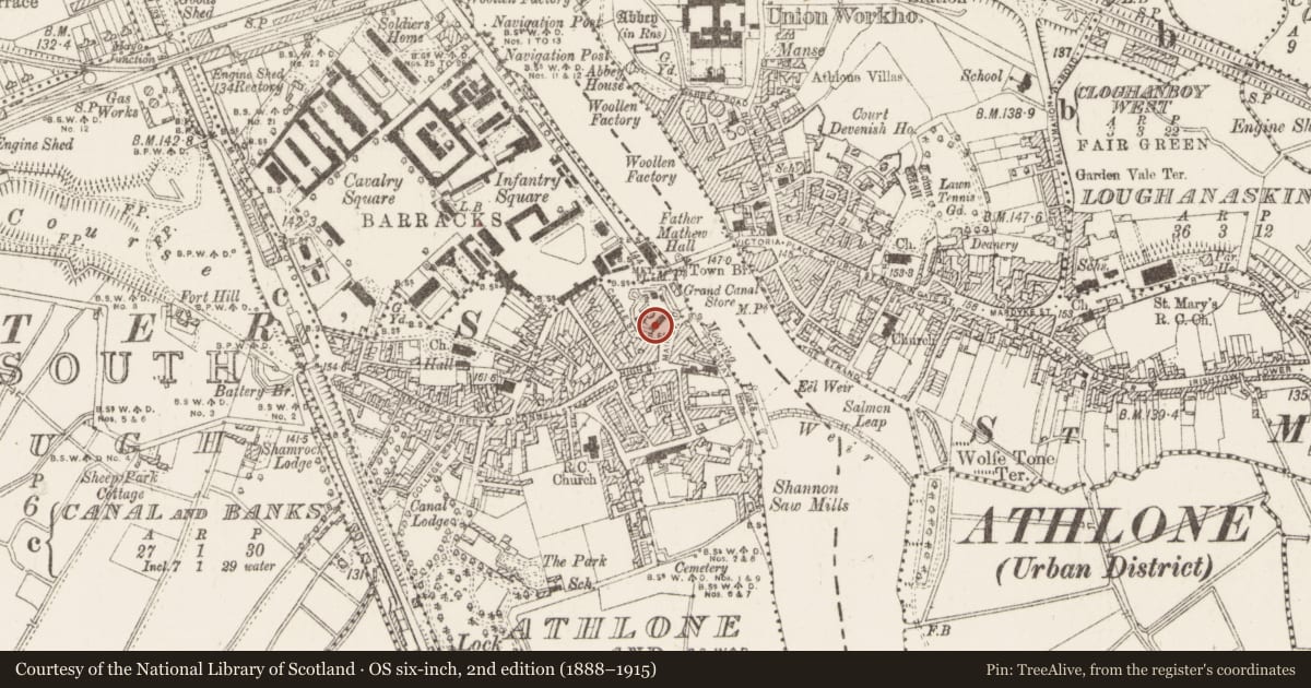 Ordnance Survey six-inch map, 2nd edition (1888–1915) covering the location of Inscribed stone, Athlone And Bigmeadow, County Westmeath, with a pin at the register's coordinates