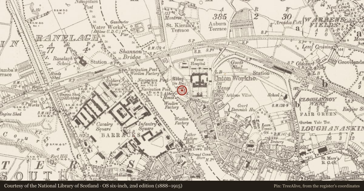 Ordnance Survey six-inch map, 2nd edition (1888–1915) covering the location of Graveslab, Athlone, County Westmeath, with a pin at the register's coordinates
