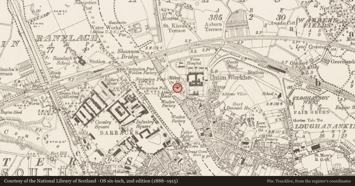 Ordnance Survey six-inch map, 2nd edition (1888–1915) covering the location of Graveyard, Athlone, County Westmeath, with a pin at the register's coordinates