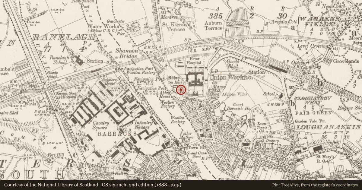 Ordnance Survey six-inch map, 2nd edition (1888–1915) covering the location of Cross-slab, Athlone, County Westmeath, with a pin at the register's coordinates