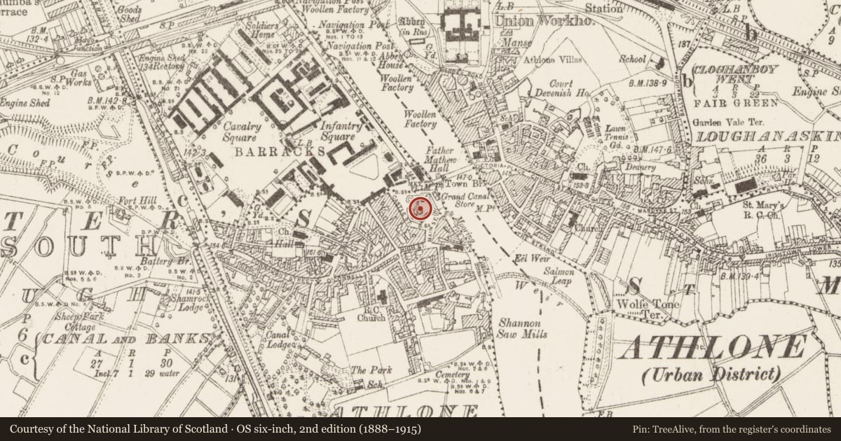 Ordnance Survey six-inch map, 2nd edition (1888–1915) covering the location of Castle - motte, Athlone, County Westmeath, with a pin at the register's coordinates