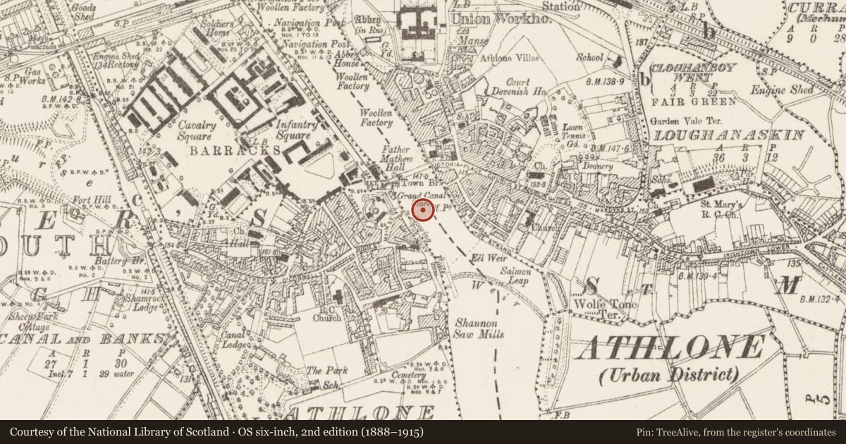 Ordnance Survey six-inch map, 2nd edition (1888–1915) covering the location of Water mill - unclassified, Athlone And Bigmeadow, County Westmeath, with a pin at the register's coordinates