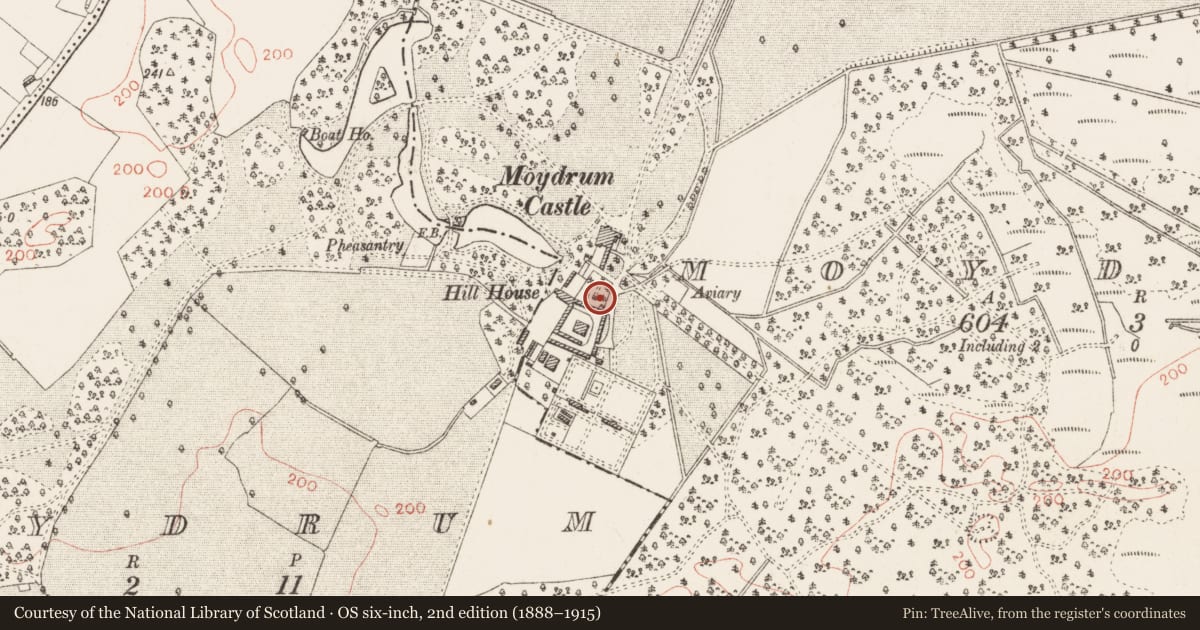 Ordnance Survey six-inch map, 2nd edition (1888–1915) covering the location of Designed landscape - summer house, Moydrum, County Westmeath, with a pin at the register's coordinates