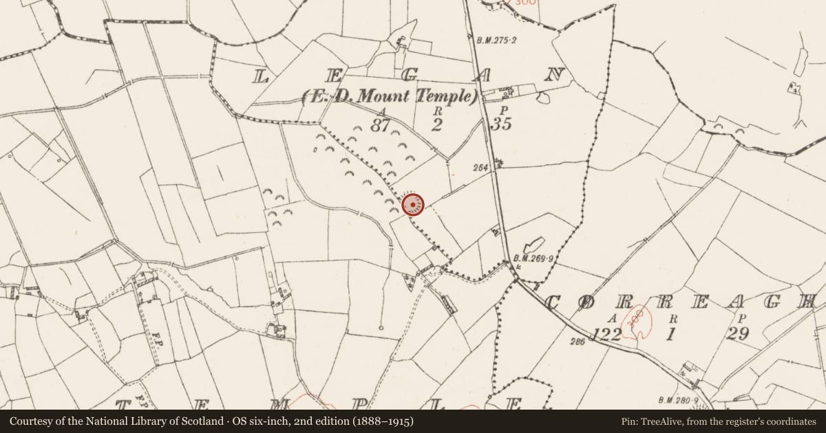 Ordnance Survey six-inch map, 2nd edition (1888–1915) covering the location of Ringfort - rath, Legan, County Westmeath, with a pin at the register's coordinates