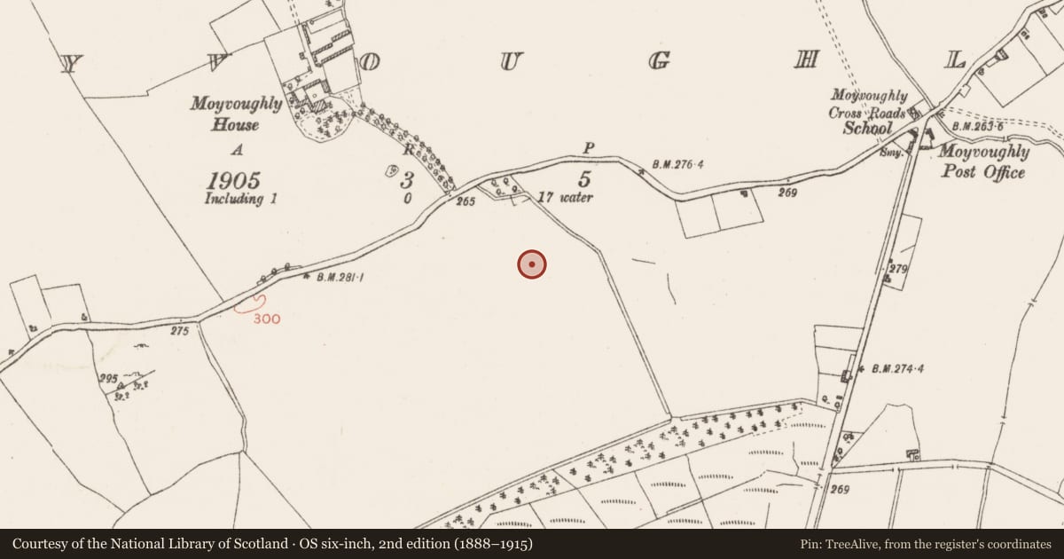 Ordnance Survey six-inch map, 2nd edition (1888–1915) covering the location of Enclosure, Moyvoughly, County Westmeath, with a pin at the register's coordinates