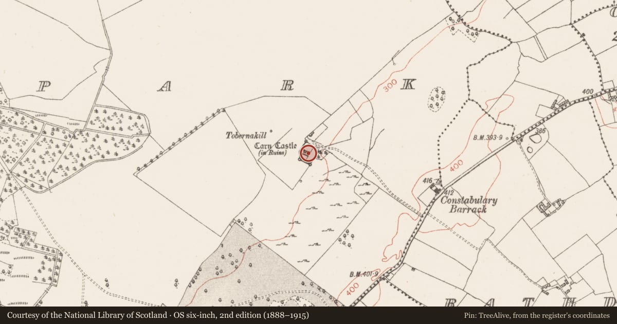 Ordnance Survey six-inch map, 2nd edition (1888–1915) covering the location of Bawn, Carnpark, County Westmeath, with a pin at the register's coordinates