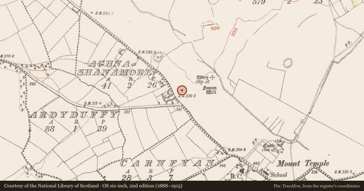 Ordnance Survey six-inch map, 2nd edition (1888–1915) covering the location of Ringfort - rath, Mount Temple, County Westmeath, with a pin at the register's coordinates