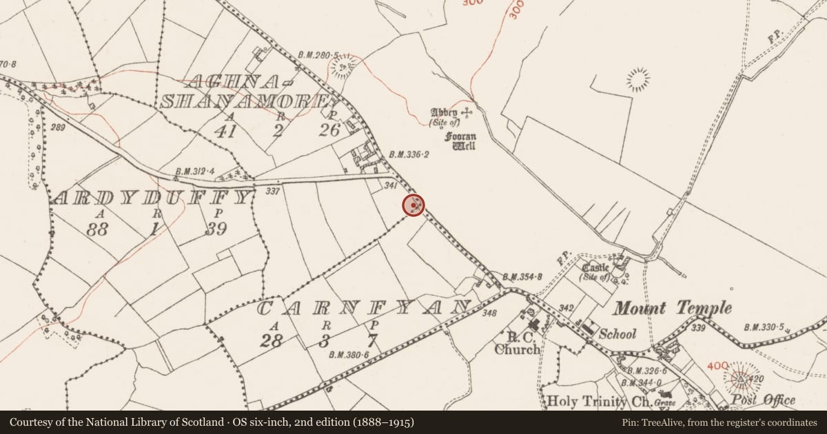 Ordnance Survey six-inch map, 2nd edition (1888–1915) covering the location of Ringfort - rath, Aghanashanamore, County Westmeath, with a pin at the register's coordinates