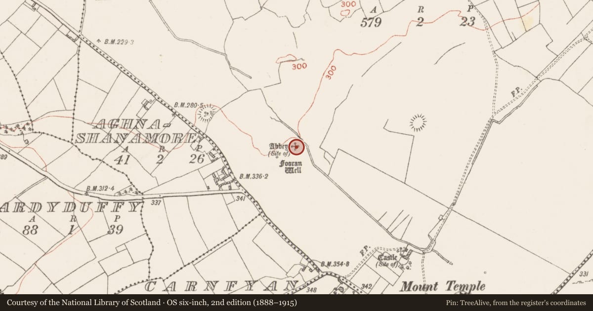 Ordnance Survey six-inch map, 2nd edition (1888–1915) covering the location of Ecclesiastical site, Mount Temple, County Westmeath, with a pin at the register's coordinates