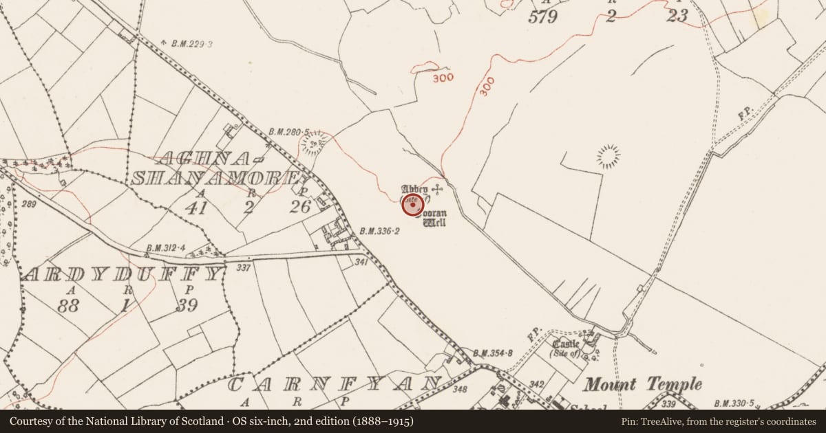 Ordnance Survey six-inch map, 2nd edition (1888–1915) covering the location of Ritual site - holy well, Mount Temple, County Westmeath, with a pin at the register's coordinates