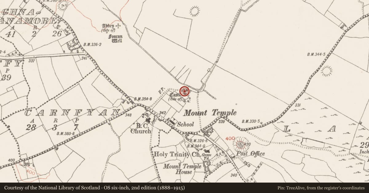 Ordnance Survey six-inch map, 2nd edition (1888–1915) covering the location of Castle - unclassified, Mount Temple, County Westmeath, with a pin at the register's coordinates