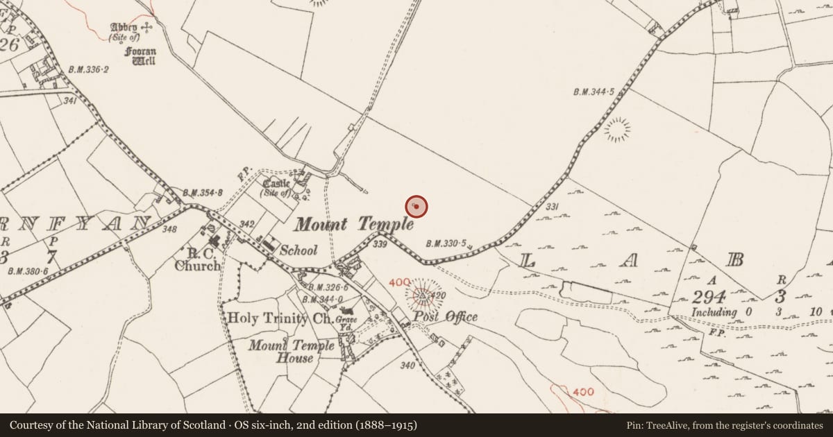 Ordnance Survey six-inch map, 2nd edition (1888–1915) covering the location of Settlement cluster, Mount Temple, County Westmeath, with a pin at the register's coordinates