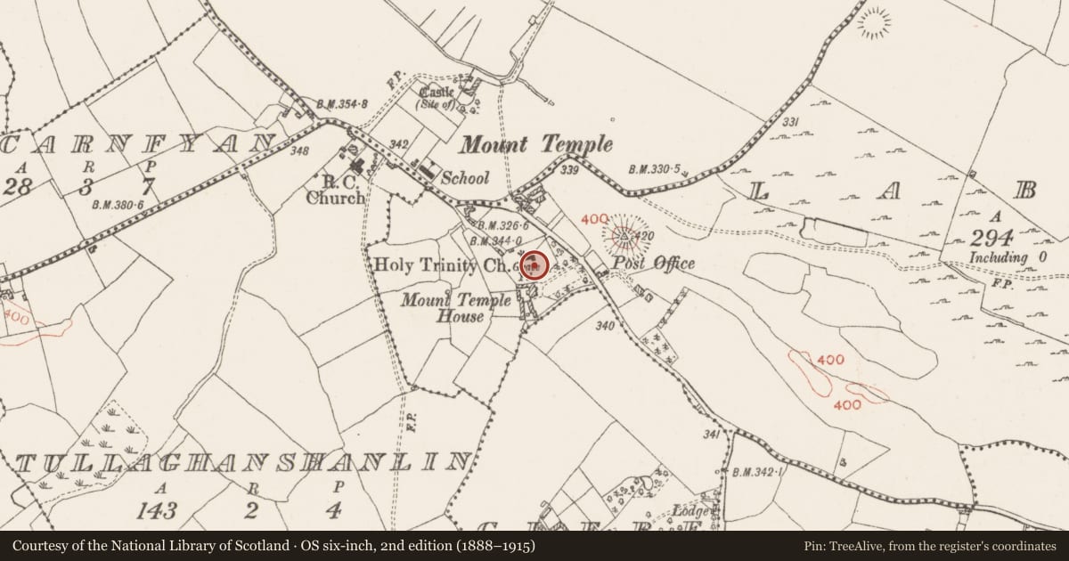 Ordnance Survey six-inch map, 2nd edition (1888–1915) covering the location of Graveyard, Labaun, County Westmeath, with a pin at the register's coordinates
