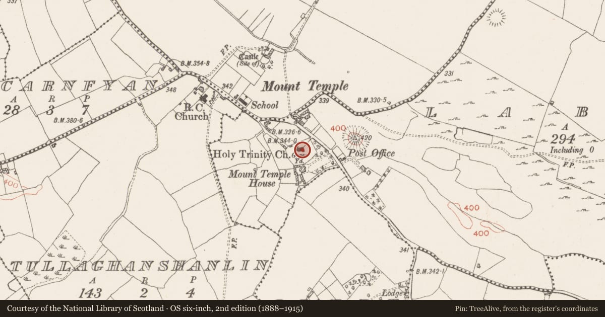 Ordnance Survey six-inch map, 2nd edition (1888–1915) covering the location of Church, Labaun, County Westmeath, with a pin at the register's coordinates