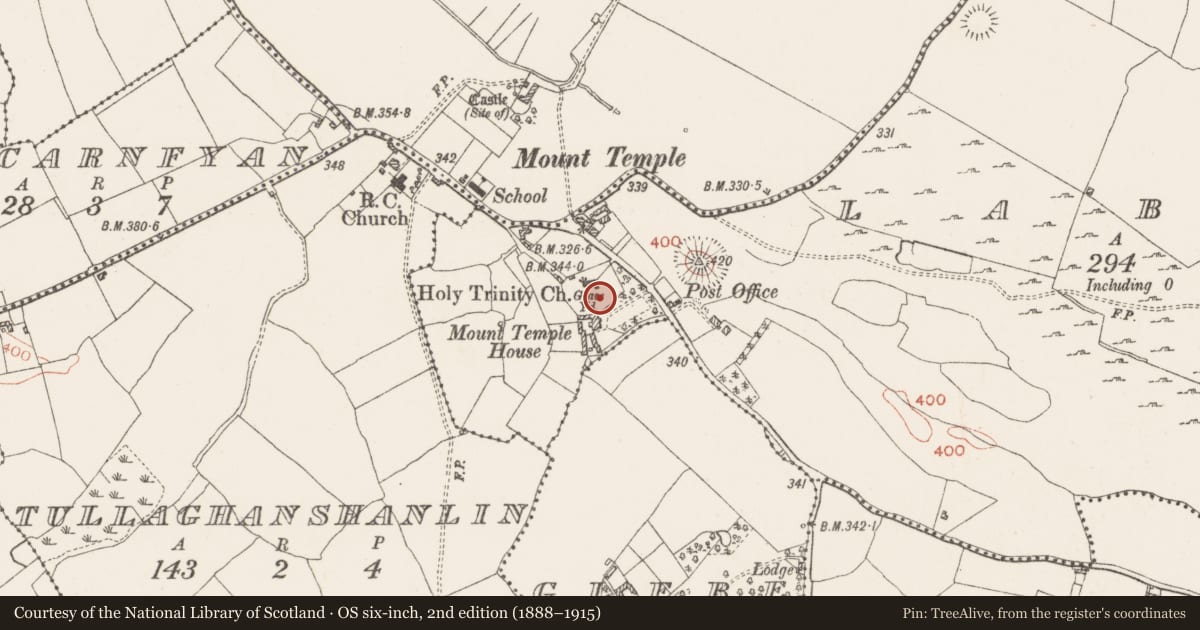 Ordnance Survey six-inch map, 2nd edition (1888–1915) covering the location of Cross-slab (present location), Labaun, County Westmeath, with a pin at the register's coordinates