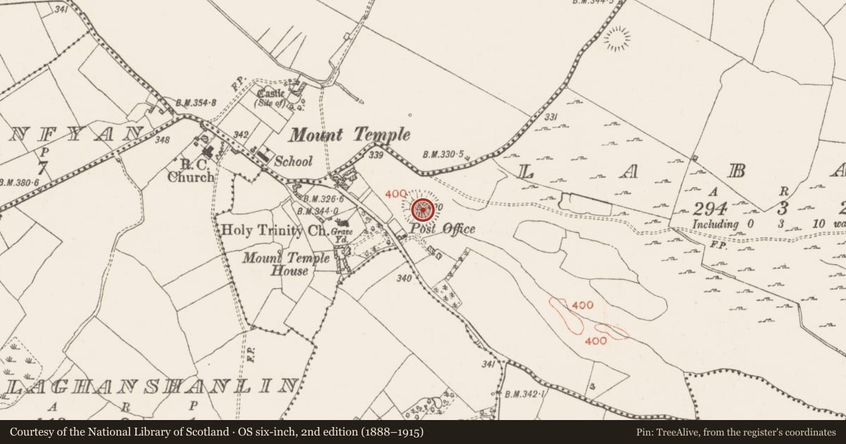 Ordnance Survey six-inch map, 2nd edition (1888–1915) covering the location of Castle - motte and bailey, Labaun, County Westmeath, with a pin at the register's coordinates