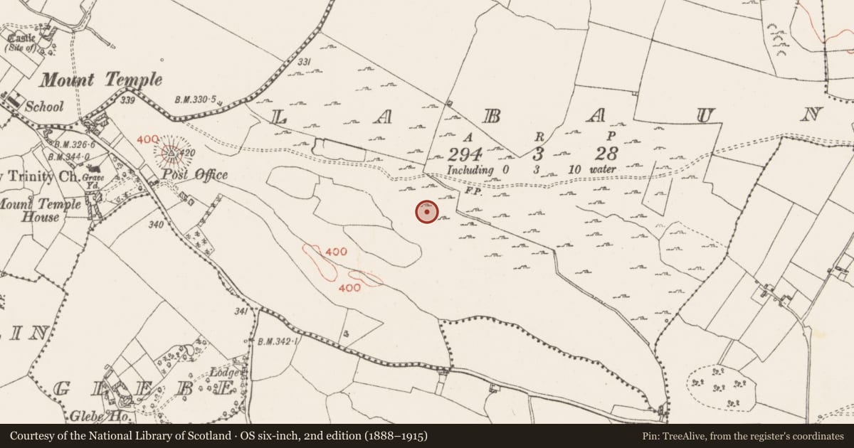 Ordnance Survey six-inch map, 2nd edition (1888–1915) covering the location of Earthwork, Labaun, County Westmeath, with a pin at the register's coordinates