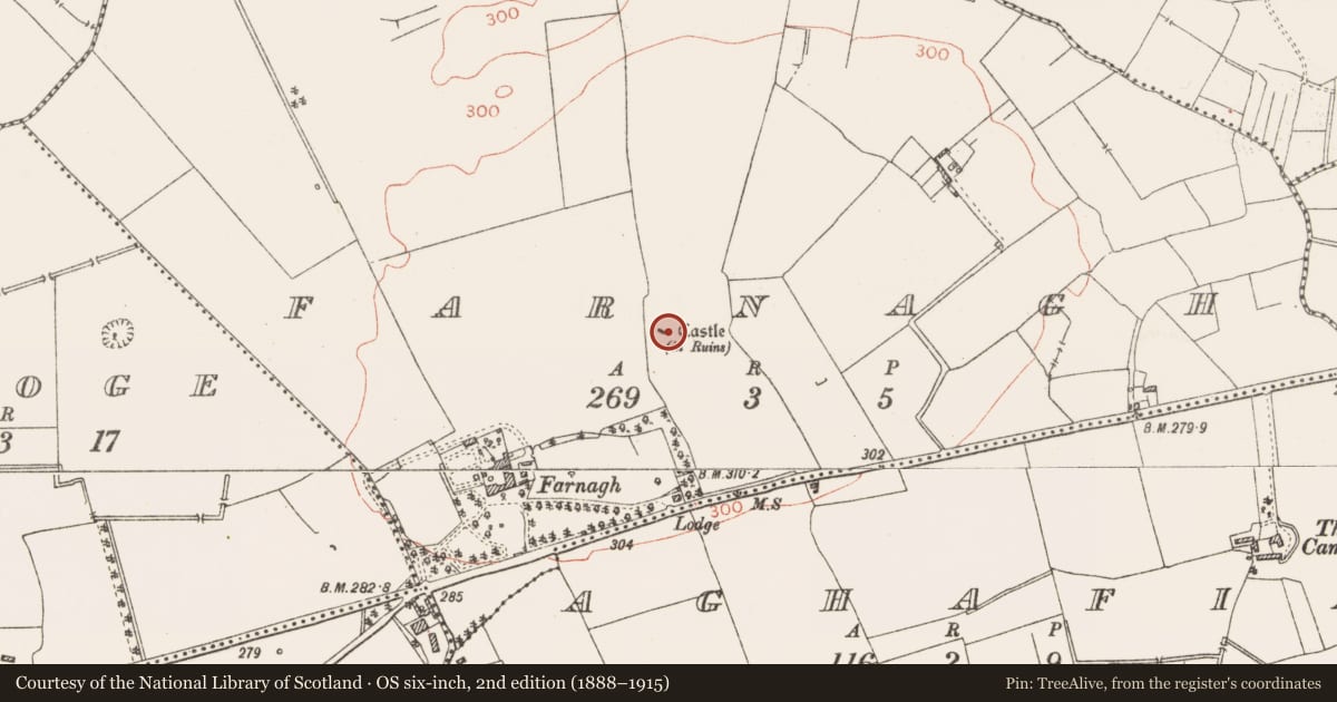 Ordnance Survey six-inch map, 2nd edition (1888–1915) covering the location of Castle - tower house, Farnagh, County Westmeath, with a pin at the register's coordinates