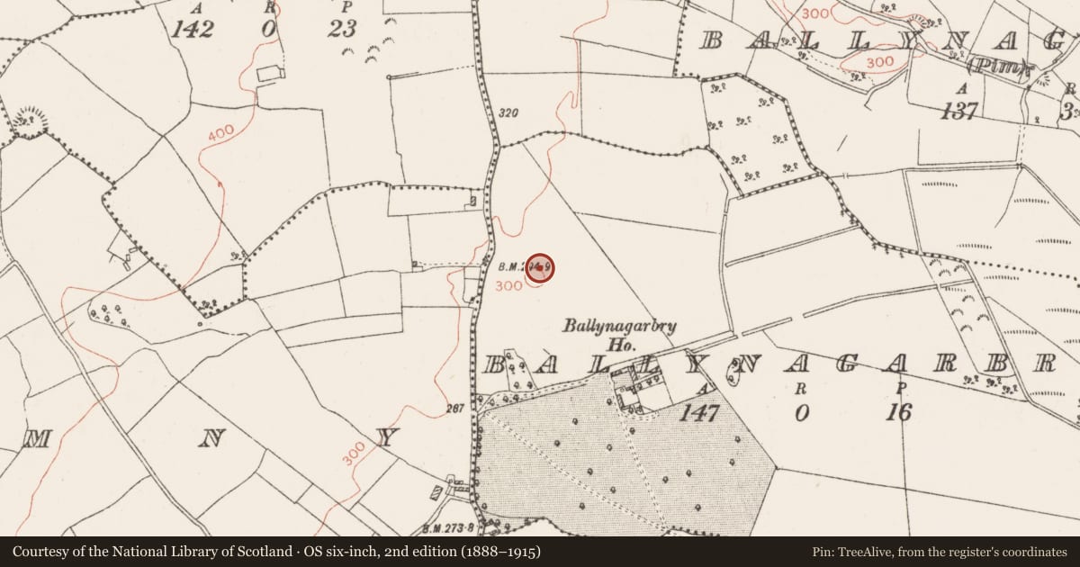 Ordnance Survey six-inch map, 2nd edition (1888–1915) covering the location of Enclosure, Ballynagarbry, County Westmeath, with a pin at the register's coordinates