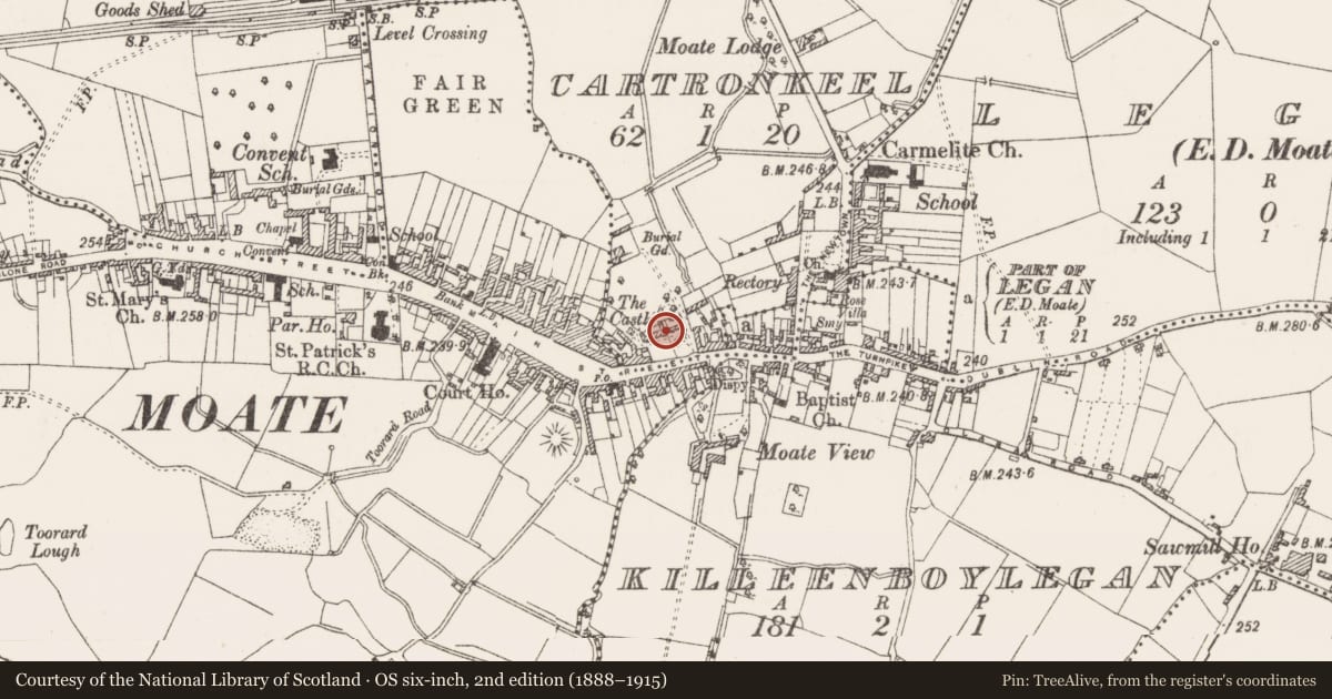 Ordnance Survey six-inch map, 2nd edition (1888–1915) covering the location of Castle - tower house, Cartronkeel, County Westmeath, with a pin at the register's coordinates