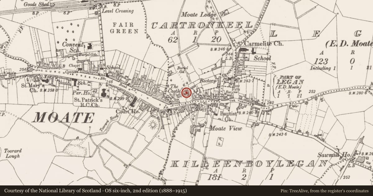 Ordnance Survey six-inch map, 2nd edition (1888–1915) covering the location of Sheela-na-gig, Cartronkeel, County Westmeath, with a pin at the register's coordinates