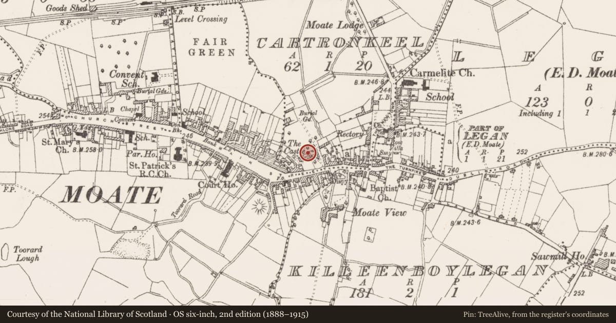 Ordnance Survey six-inch map, 2nd edition (1888–1915) covering the location of Bawn, Cartronkeel, County Westmeath, with a pin at the register's coordinates